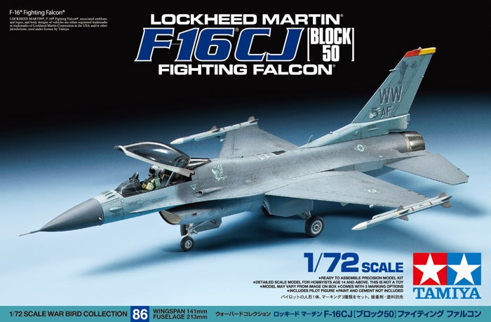 Tamiya 1:72 Lockheed Martin F-16CJ Block 50 Fighting Falcon Plastic Model Kit Tamiya