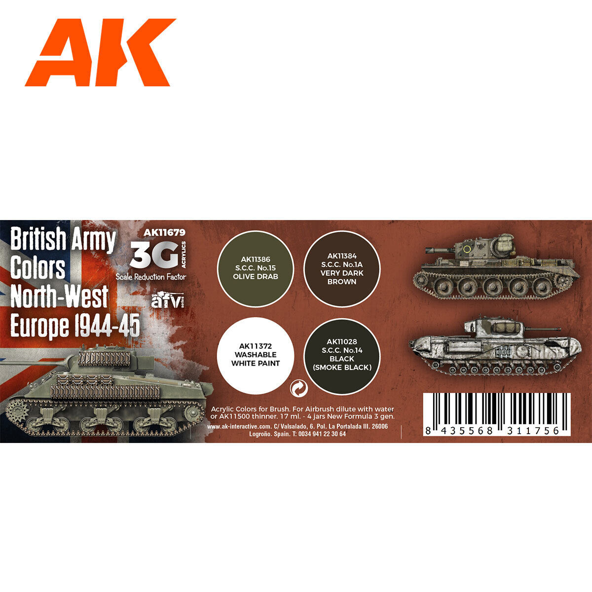 AK Interactive AFV Series: British Army Colors North-West Europe 1944-45 Acrylic Paint Set 3rd Generation AK Interactive