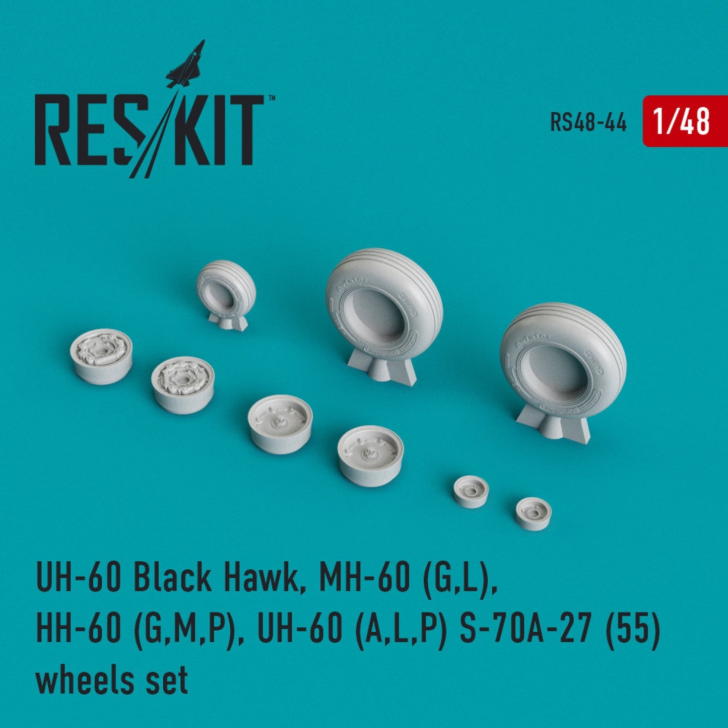 ResKit 1/48 UH-60 Black Hawk, MH-60 (G,L), HH-60 (G,M,P), UH-60 (A,L,P) S-70,A-27 (55) wheels set (weighted) Reskit