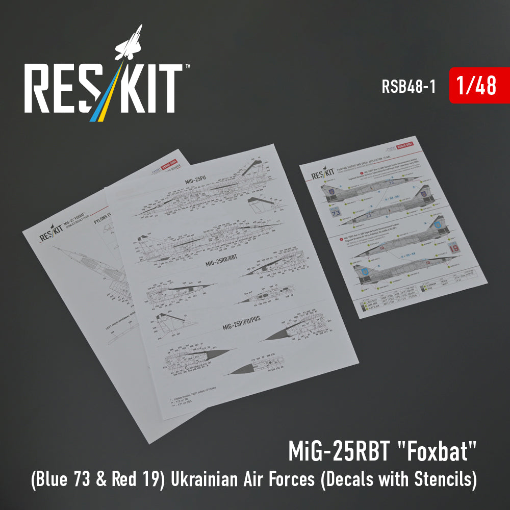 ResKit 1:48 MiG-25RBT "Foxbat" (Blue 73 & Red 19) Ukrainian Air Forces (Decals with Stencils) Reskit