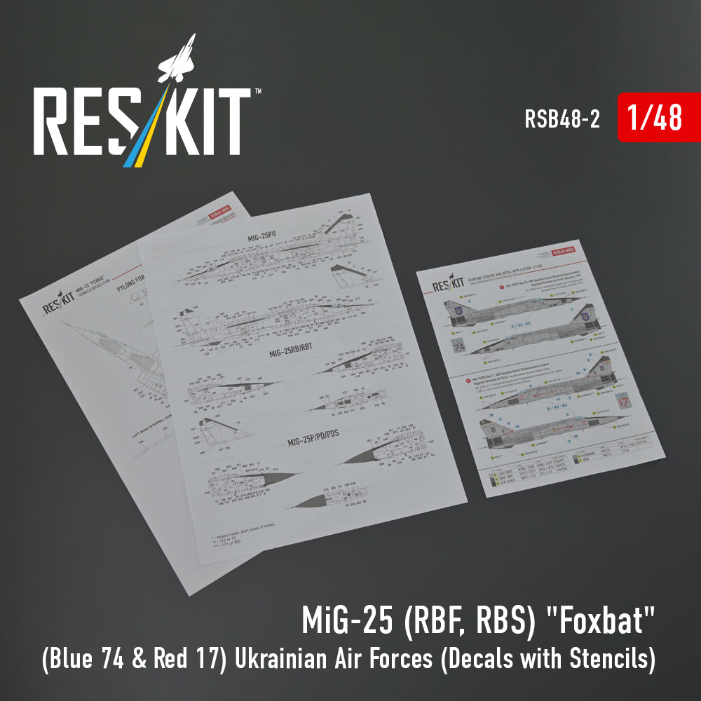 ResKit 1:48 MiG-25RBF, RBS "Foxbat" (Blue 74 & Red 17) Ukrainian Air Forces (Decals with Stencils) Reskit
