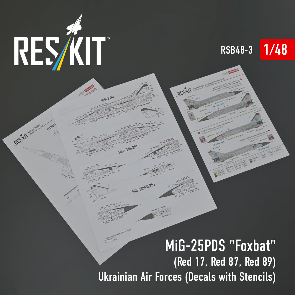ResKit 1:48 MiG-25PDS "Foxbat" (Red 17, Red 87, Red 89) Ukrainian Air Forces (Decals with Stencils) Reskit