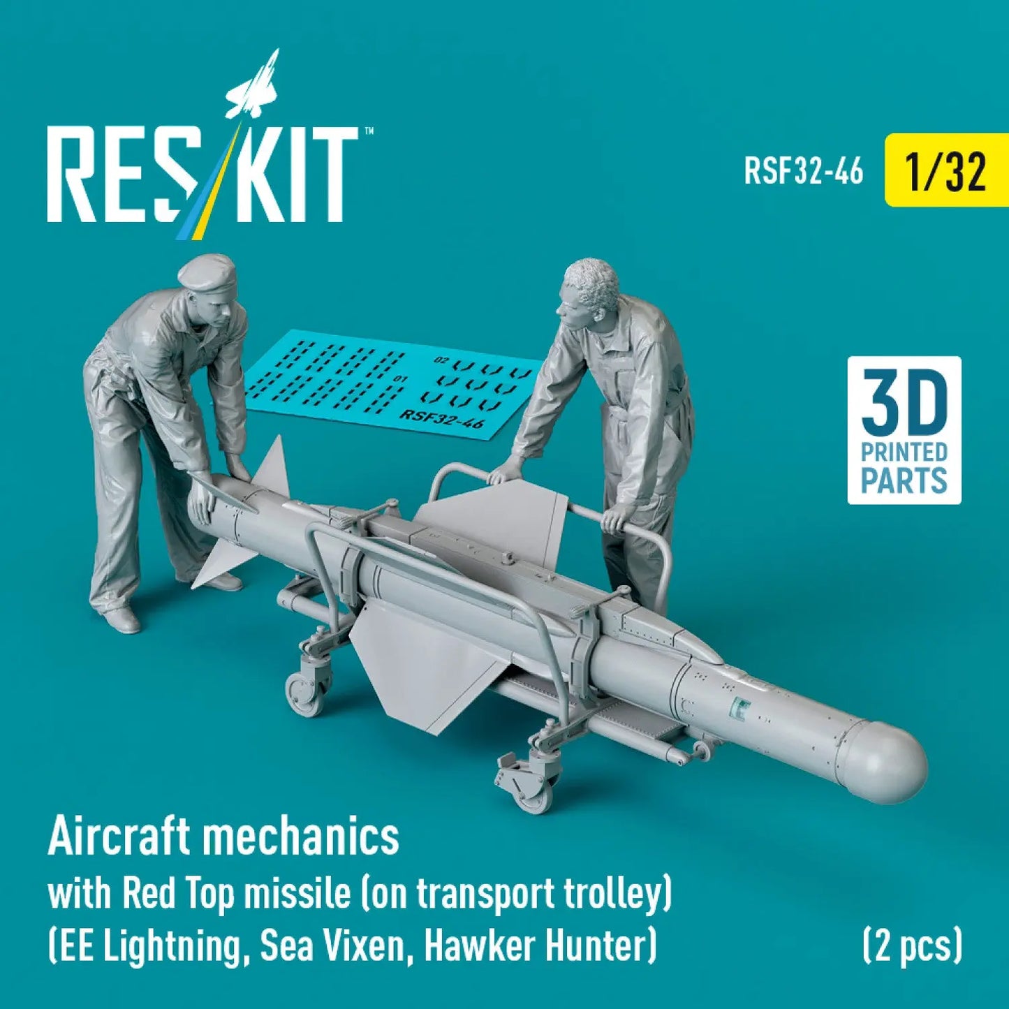 ResKit 1:32 Aircraft mechanics with Red Top missile (on transport trolley) (EE Lightning, Sea Vixen, Hawker Hunter) (2 pcs) (3D Printed) Reskit