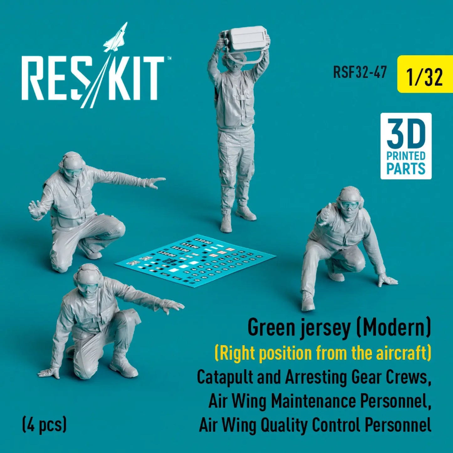 ResKit 1:32 Green jersey (Modern) (Right position from the aircraft) Catapult and Arresting Gear Crews, Air Wing Maintenance Personnel, Air Wing Quality Control Personnel (4 pcs) (3D Printed) Reskit