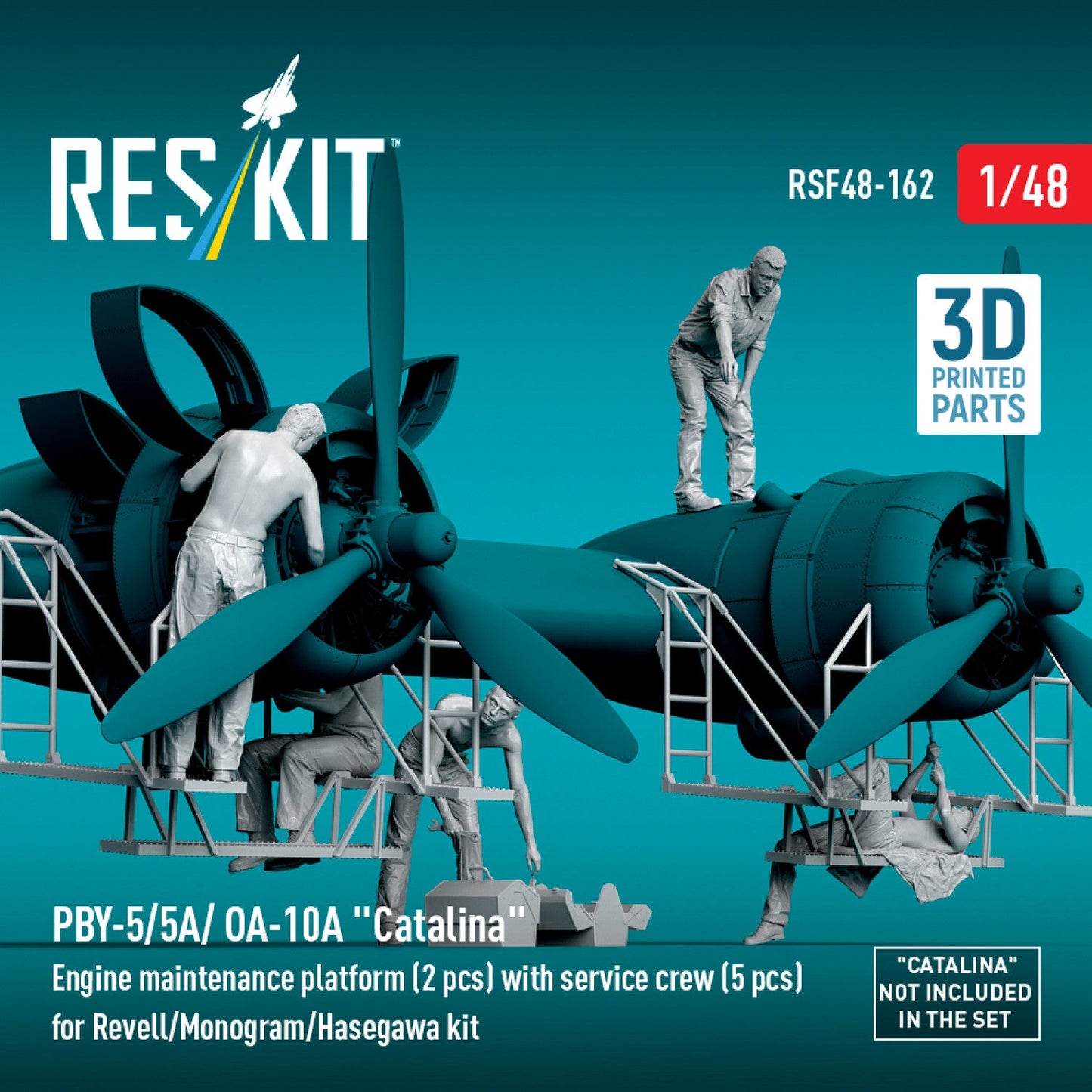 PBY-5/5A/ OA-10A "Catalina" Engine maintenance platform (2 pcs) with service crew (5 pcs) for Revell/Monogram/Hasegawa kit (3D Printed) Reskit