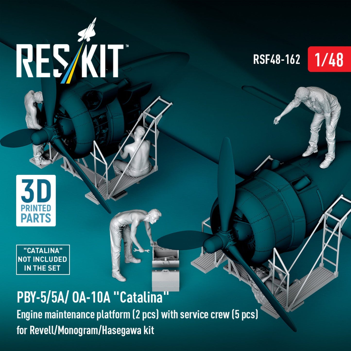 PBY-5/5A/ OA-10A "Catalina" Engine maintenance platform (2 pcs) with service crew (5 pcs) for Revell/Monogram/Hasegawa kit (3D Printed) Reskit