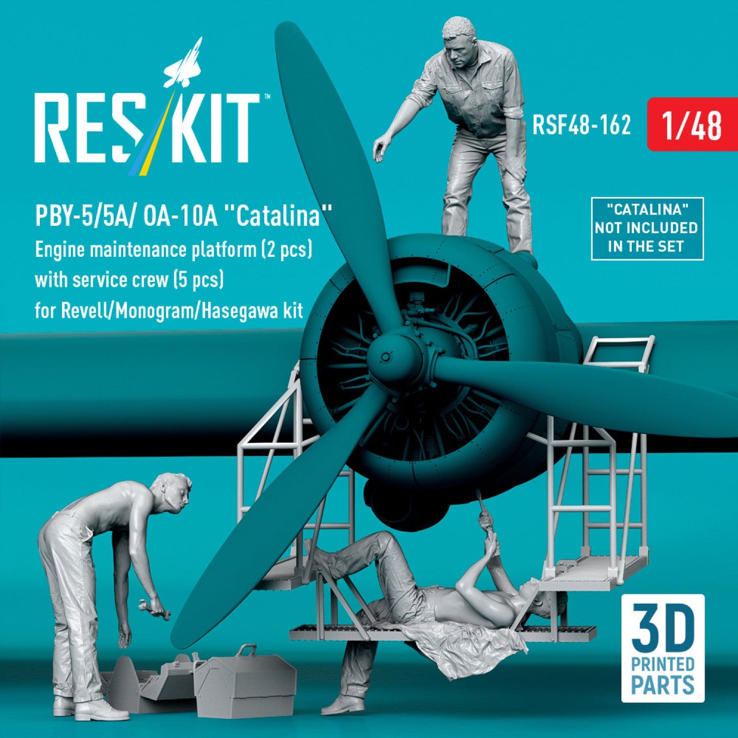 PBY-5/5A/ OA-10A "Catalina" Engine maintenance platform (2 pcs) with service crew (5 pcs) for Revell/Monogram/Hasegawa kit (3D Printed) Reskit