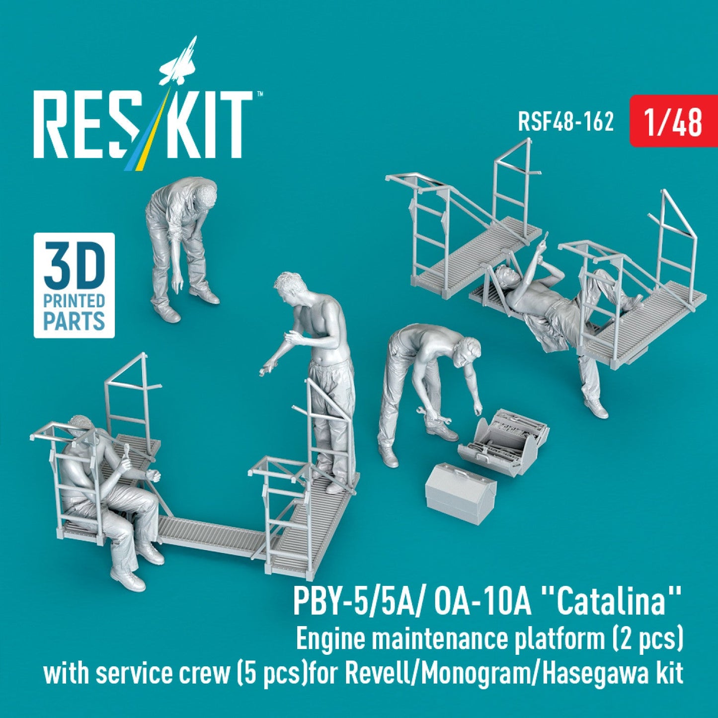 PBY-5/5A/ OA-10A "Catalina" Engine maintenance platform (2 pcs) with service crew (5 pcs) for Revell/Monogram/Hasegawa kit (3D Printed) Reskit