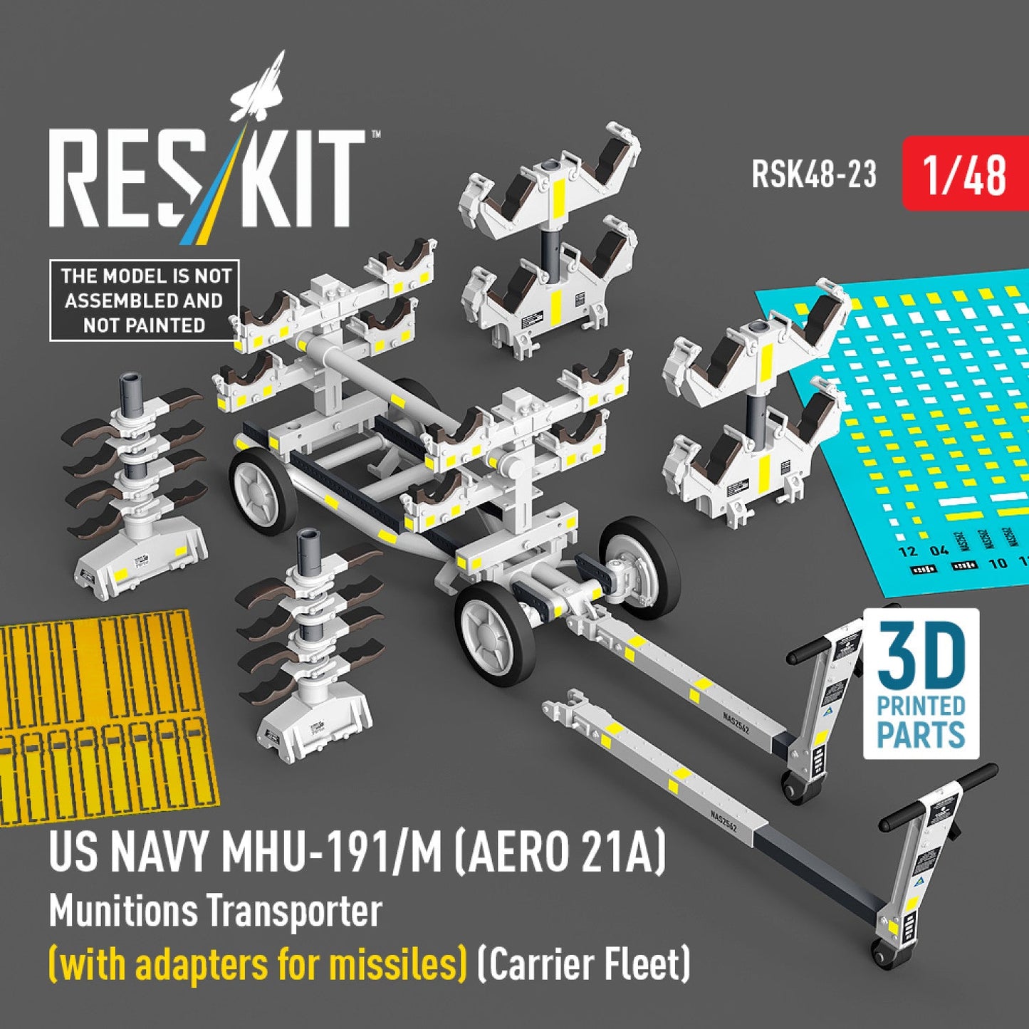 ResKit 1:48 US NAVY MHU-191/M (AERO 21A) Munitions Transporter (with adapters for missiles) (Carrier Fleet) (3D Printed model kit) Reskit