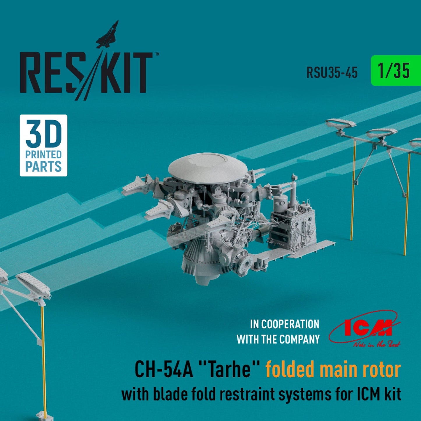 ResKit 1:35 CH-54A "Tarhe" folded main rotor with blade fold restraint systems for ICM kit (3D Printed) Reskit