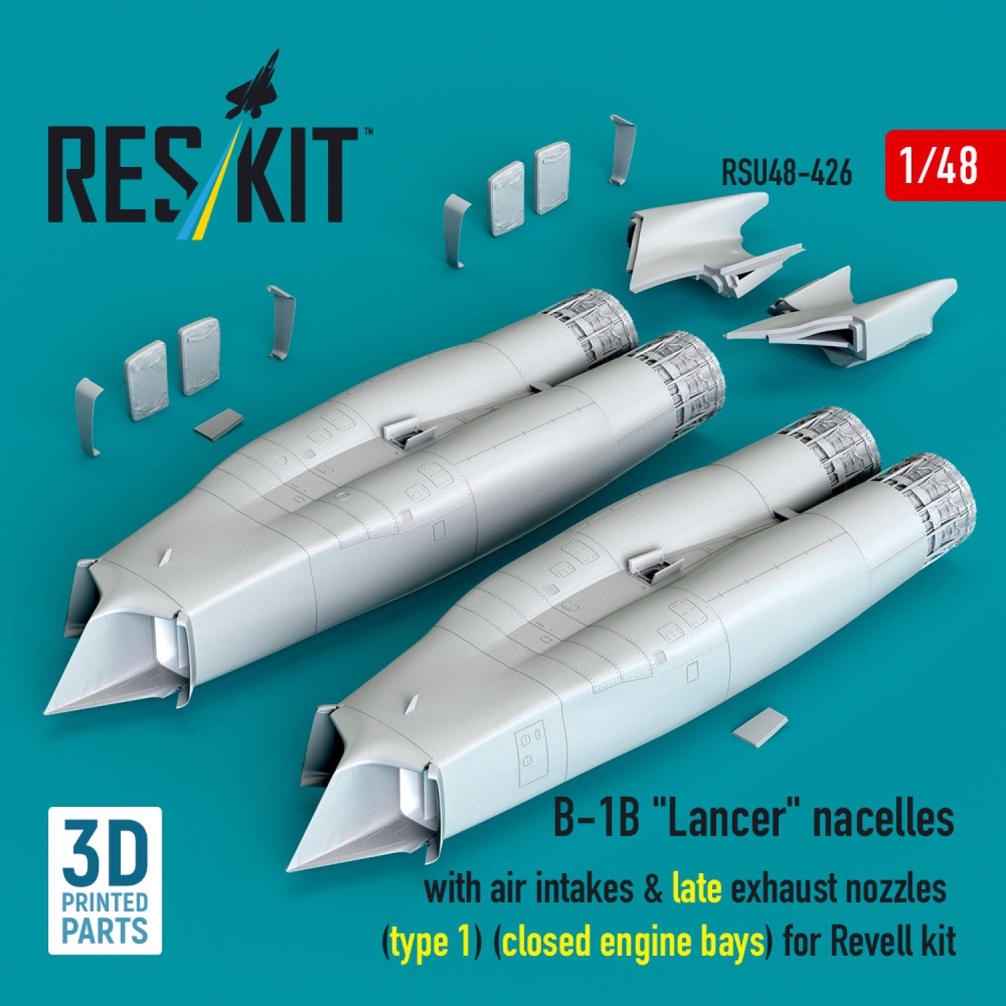 Res/Kit 1:48 B-1B "Lancer" nacelles with air intakes & late exhaust nozzles (type 1) (сlosed engine bays) for Revell kit (3D Printed) Res/Kit