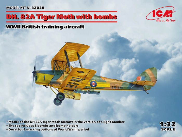 ICM 1:32 DH 82A Tiger Moth with Bombs Plastic Model kit ICM