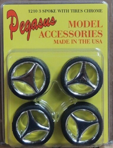Pegasus 1/24 "Three Spoke" Rims W/Tires Chrome for Scale Models