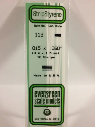 Evergreen White Polystyrene Strip 0.015 x 0.060 x 14" / 0.38mm x 1.5mm x 36cm (10) Evergreen