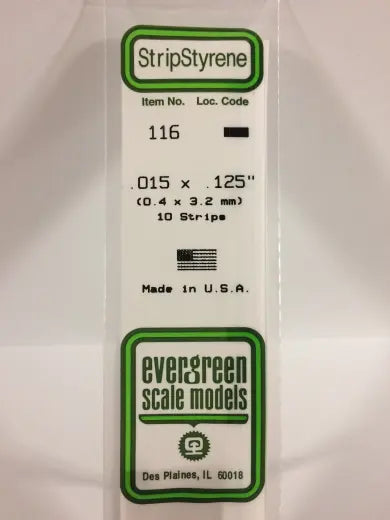 Evergreen White Polystyrene Strip 0.015 x 0.125 x 14" / 0.38mm x 3.2mm x 36cm (10) Evergreen