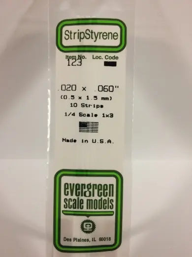 Evergreen White Polystyrene Strip 0.020 x 0.060 x 14" / 0.51mm x 1.5mm x 36cm (10) Evergreen