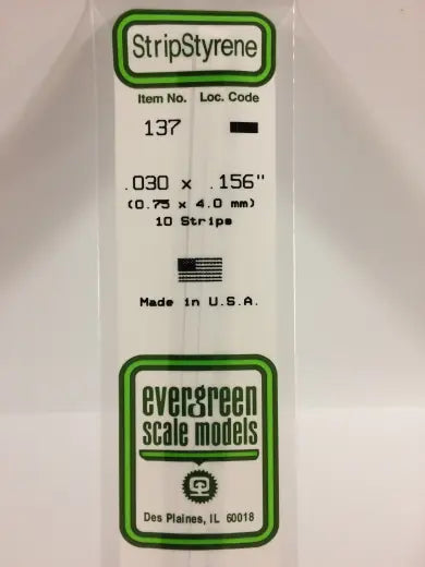 Evergreen White Polystyrene Strip 0.030 x 0.156 x 14" / 0.76mm x 4mm x 36cm (10) Evergreen
