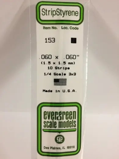 Evergreen White Polystyrene Strip 0.060 x 0.060 x 14" / 1.5mm x 1.5mm x 36cm (10) Evergreen