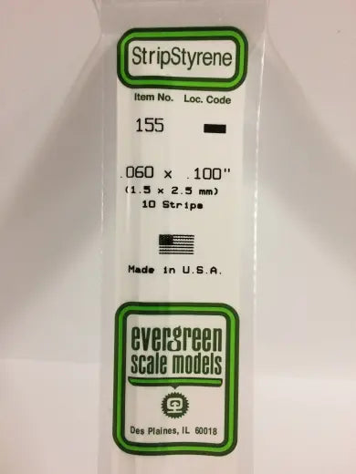Evergreen White Polystyrene Strip 0.060 x 0.100 x 14" / 1.5mm x 2.5mm x 36cm (10) Evergreen
