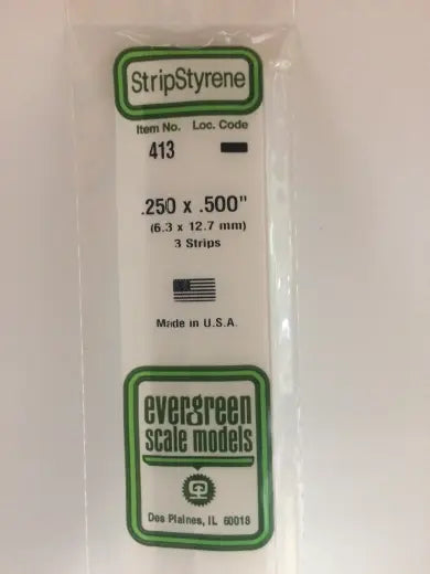 Evergreen White Polystyrene Strip 0.250 x 0.500 x 24" / 6.4mm x 12.7mm x 61cm (3) Evergreen