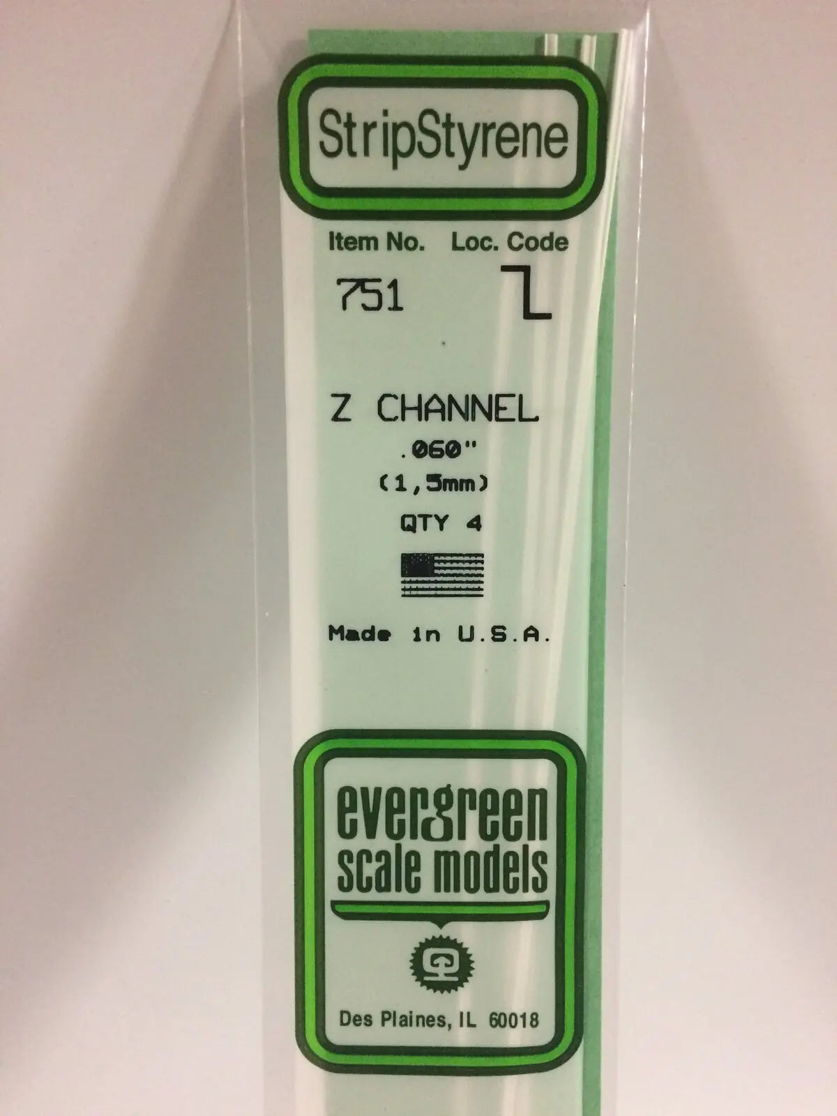 Evergreen White Polystyrene Z Channel .060 x .030 x 14" / 1.5mm x 0.76mm x 36cm (4) Evergreen