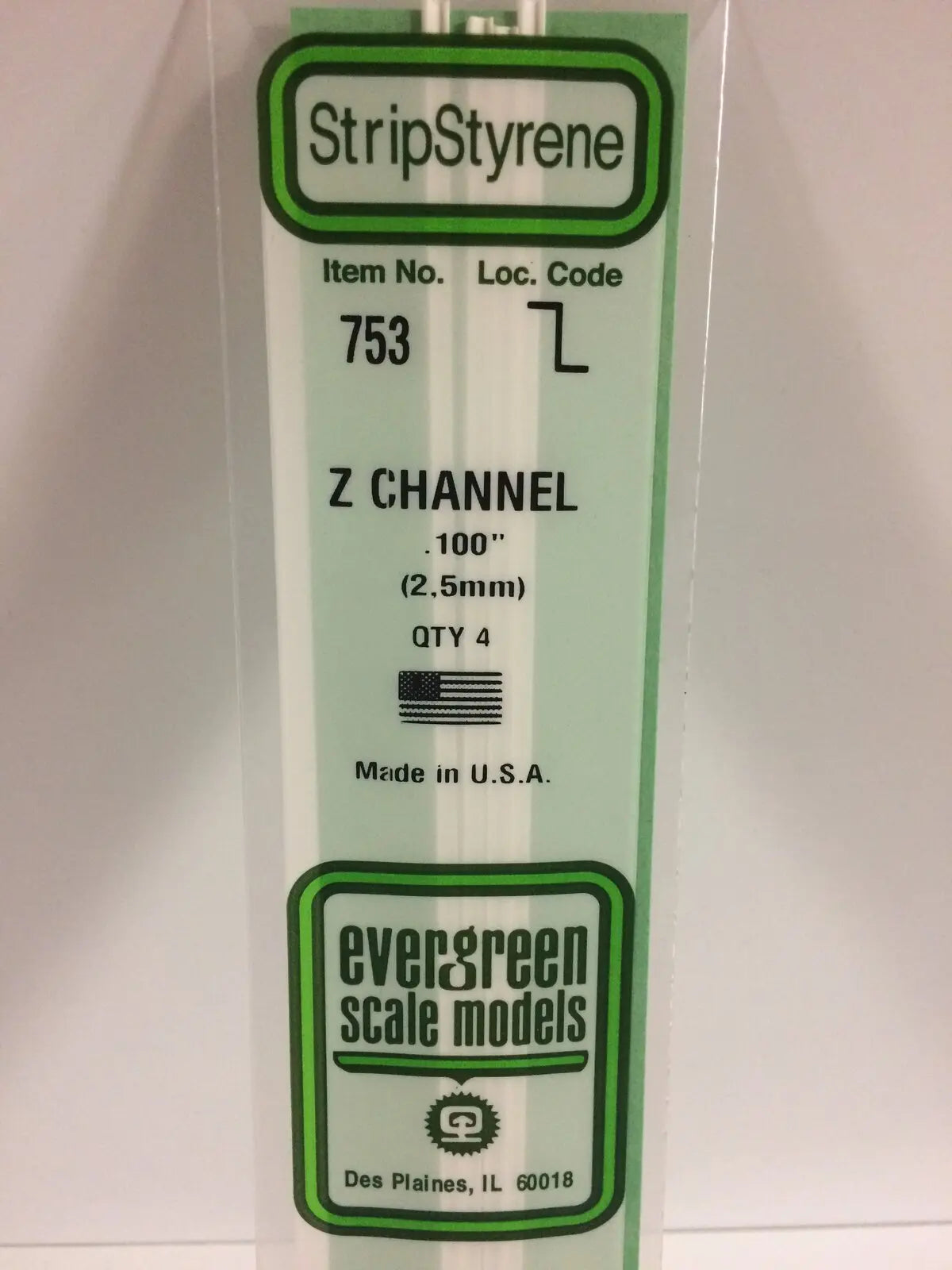 Evergreen White Polystyrene Z Channel .100 x .050 x 14" / 2.5mm x 1.3mm x 36cm (4) Evergreen