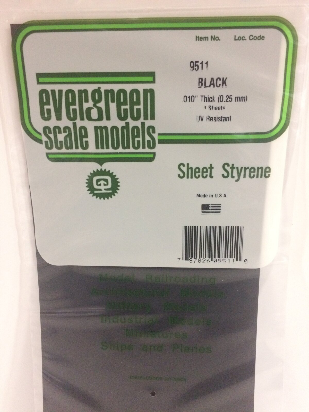 Evergreen Black Polystyrene Sheet 0.010 x 6 x 12" / 0.25mm x 15cm x 30cm (4) Evergreen