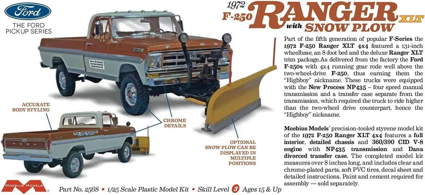 Moebius 1/25 1972 Ford F-250 4x4 with Snow Plow Plastic Model Kit Moebius