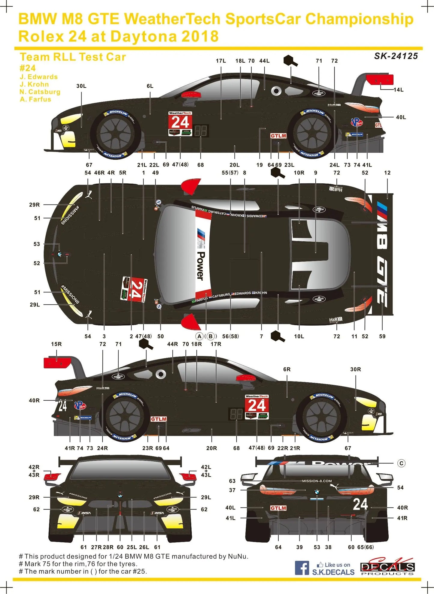 S.K. Decals 1:24 BMW M8 GTE WeatherTech SportsCar Championship Rolex 24 at Daytona 2018 Team RLL Test Car S.K. Decals