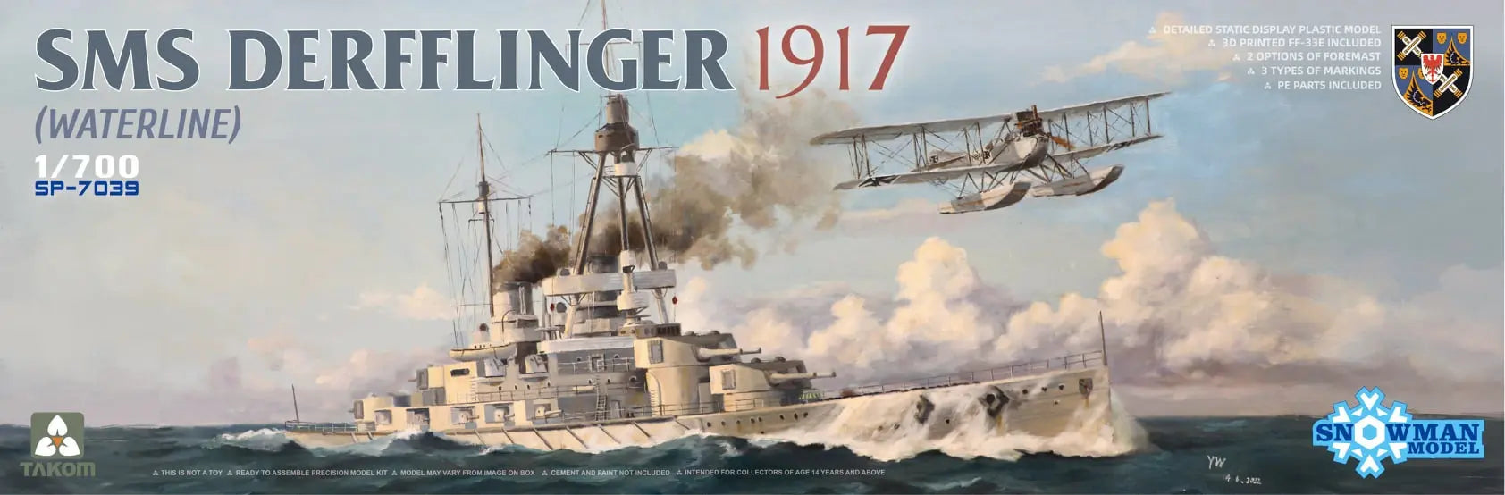Takom 1/700 SMS Derfflinger 1917 (Waterline) w/3D printed FF-33E (Snowman) Plastic Model Kit Takom
