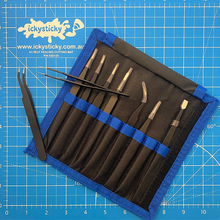 IckySticky 9 Piece Precision Tweezer Set with Bag IckySticky