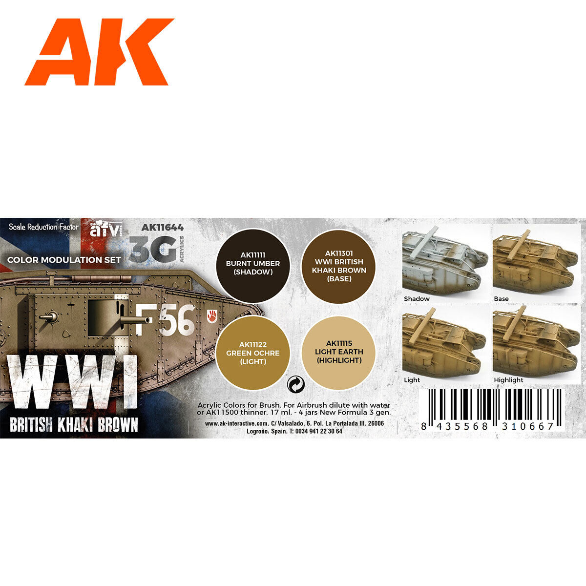 AK Interactive AFV Series: Modulation WWI British Colors Acrylic Paint Set 3rd Generation AK Interactive