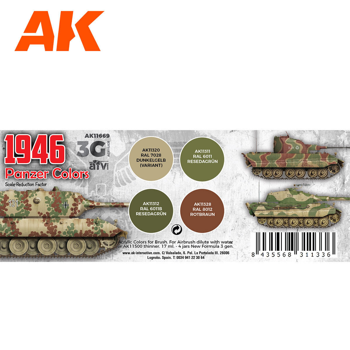 AK Interactive AFV Series: Panzer Colors 1946 Acrylic Paint Set 3rd Generation AK Interactive