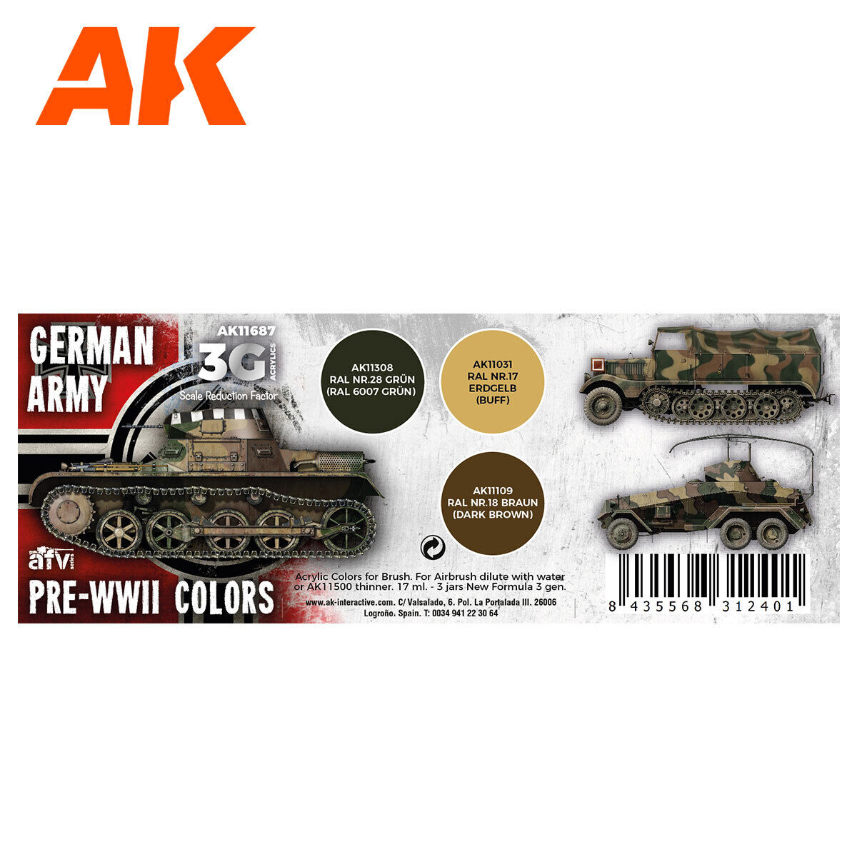 AK Interactive AFV Series: German Army Pre-WWII Colors Acrylic Paint Set 3rd Generation AK Interactive