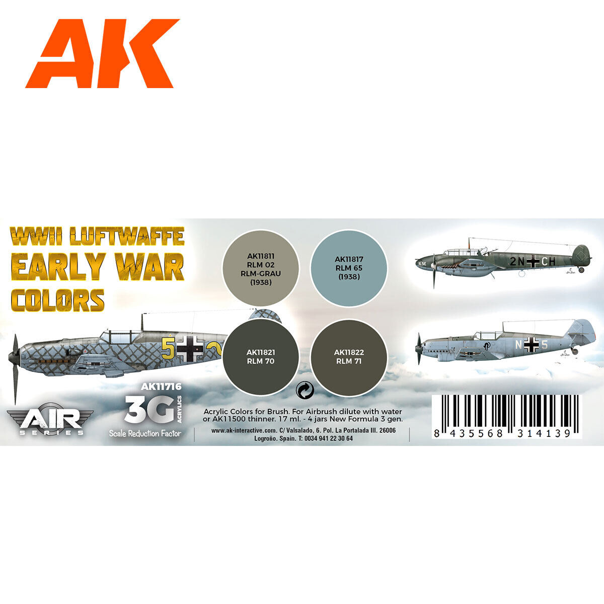 AK Interactive Air Series: WWII Luftwaffe Early War Colors Acrylic Paint Set 3rd Generation AK Interactive