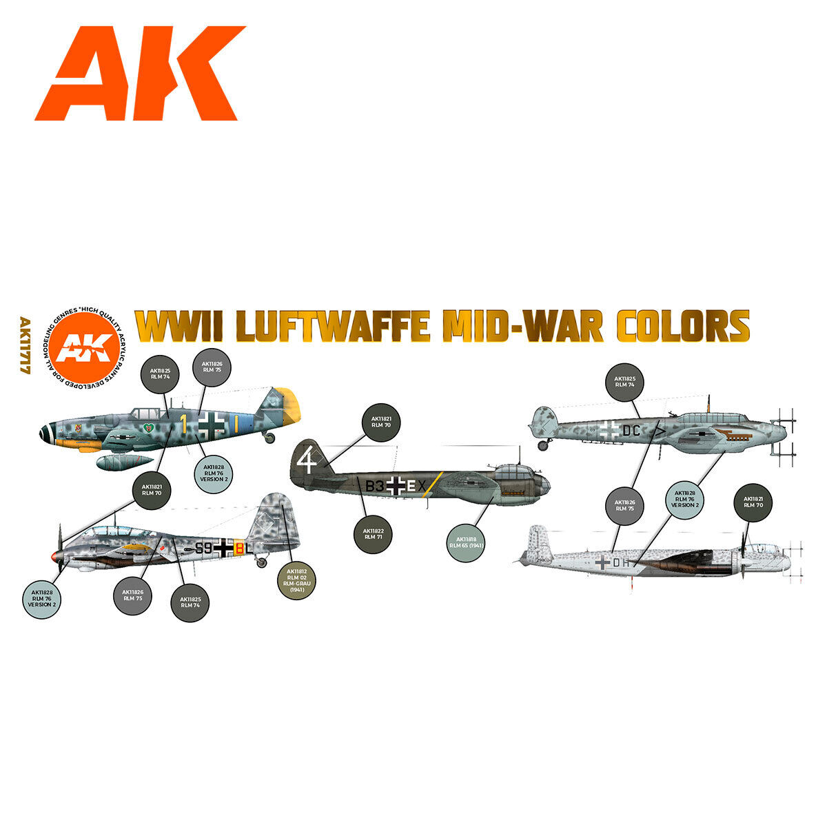 AK Interactive Air Series: WWII Luftwaffe Mid-War Colors Acrylic Paint Set 3rd Generation AK Interactive