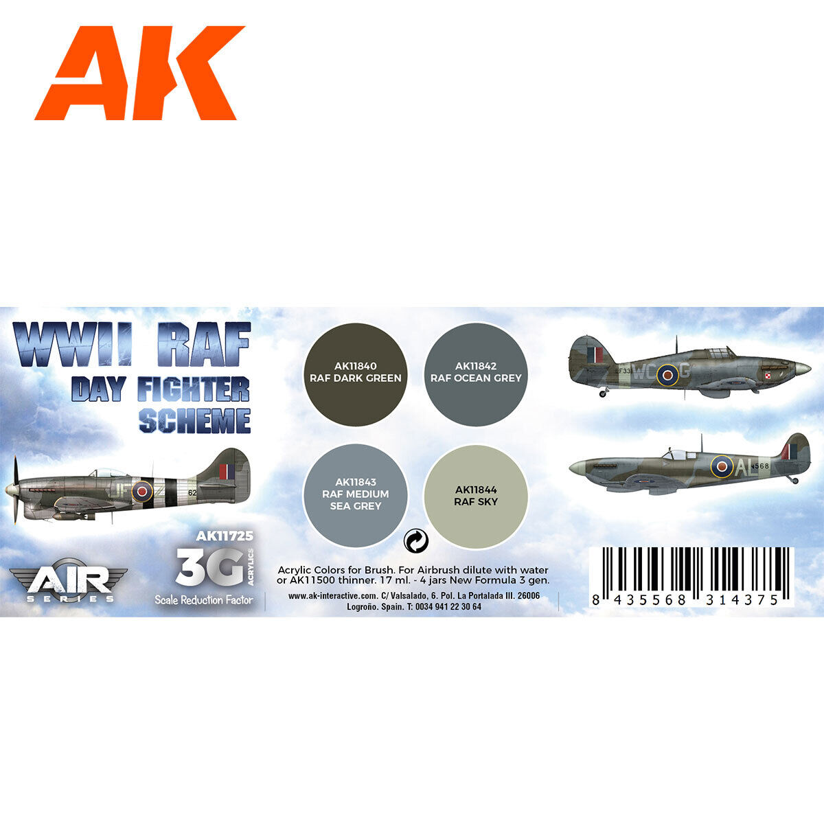 AK Interactive Air Series: WWII RAF Day Fighter Scheme Acrylic Paint Set 3rd Generation AK Interactive