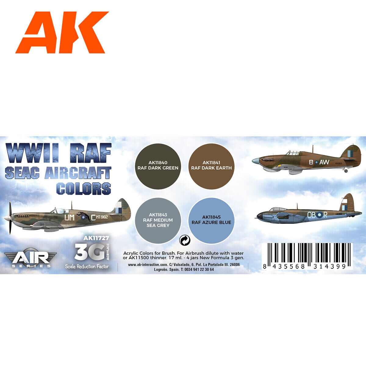 AK Interactive Air Series: WWII RAF SEAC Aircraft Colors Acrylic Paint Set 3rd Generation AK Interactive