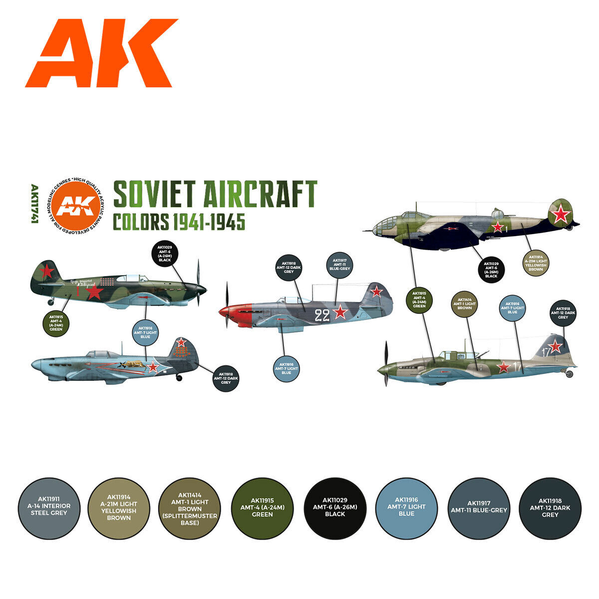 AK Interactive Air Series: Soviet Aircraft Colors 1941-1945 Acrylic Paint Set 3rd Generation AK Interactive