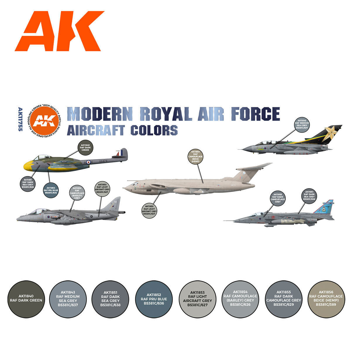 AK Interactive Air Series: Modern Royal Air Force Aircraft Colors Acrylic Paint Set 3rd Generation AK Interactive