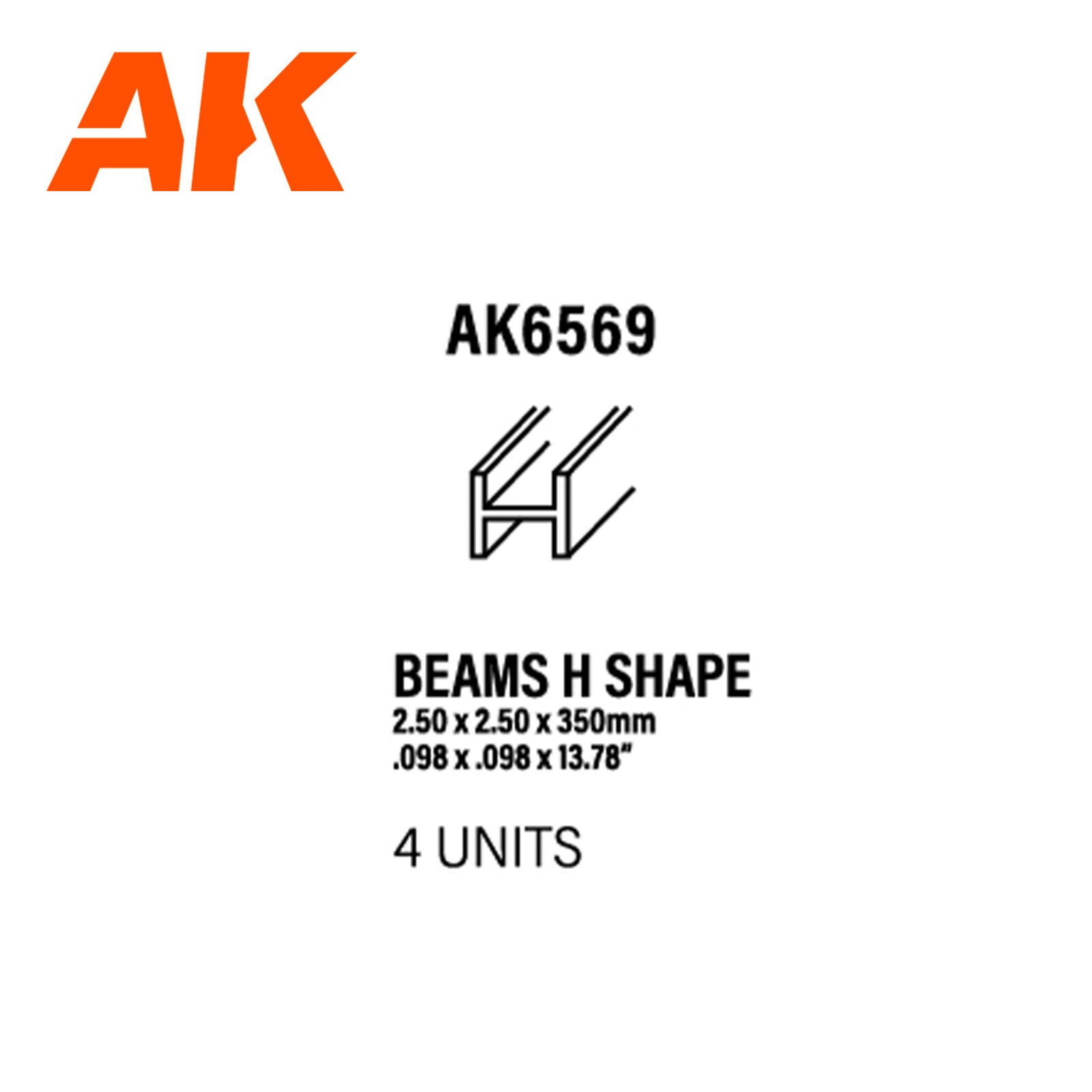 AK Interactive Styrene Beams H Shape 2.5 X 2.5 X 350 Mm X 4 Units AK Interactive