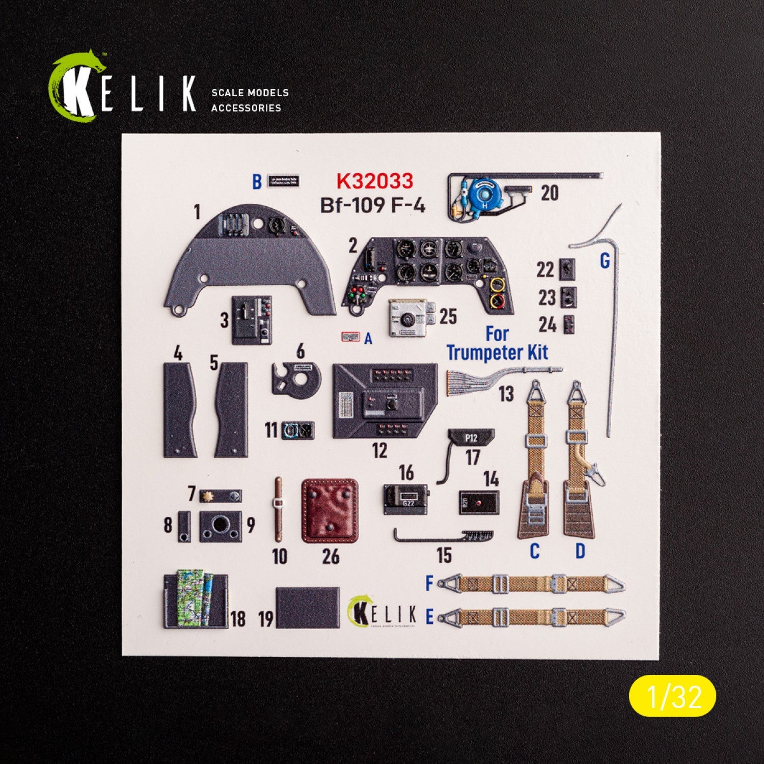 Kelik 1:32 BF-109 F-4 - interior 3D decals for Trumpeter kit Reskit