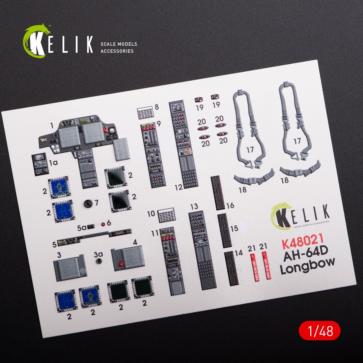 Kelik 1:48 AH-64D "Apache longbow" interior 3D decals for Hasegawa kit Reskit