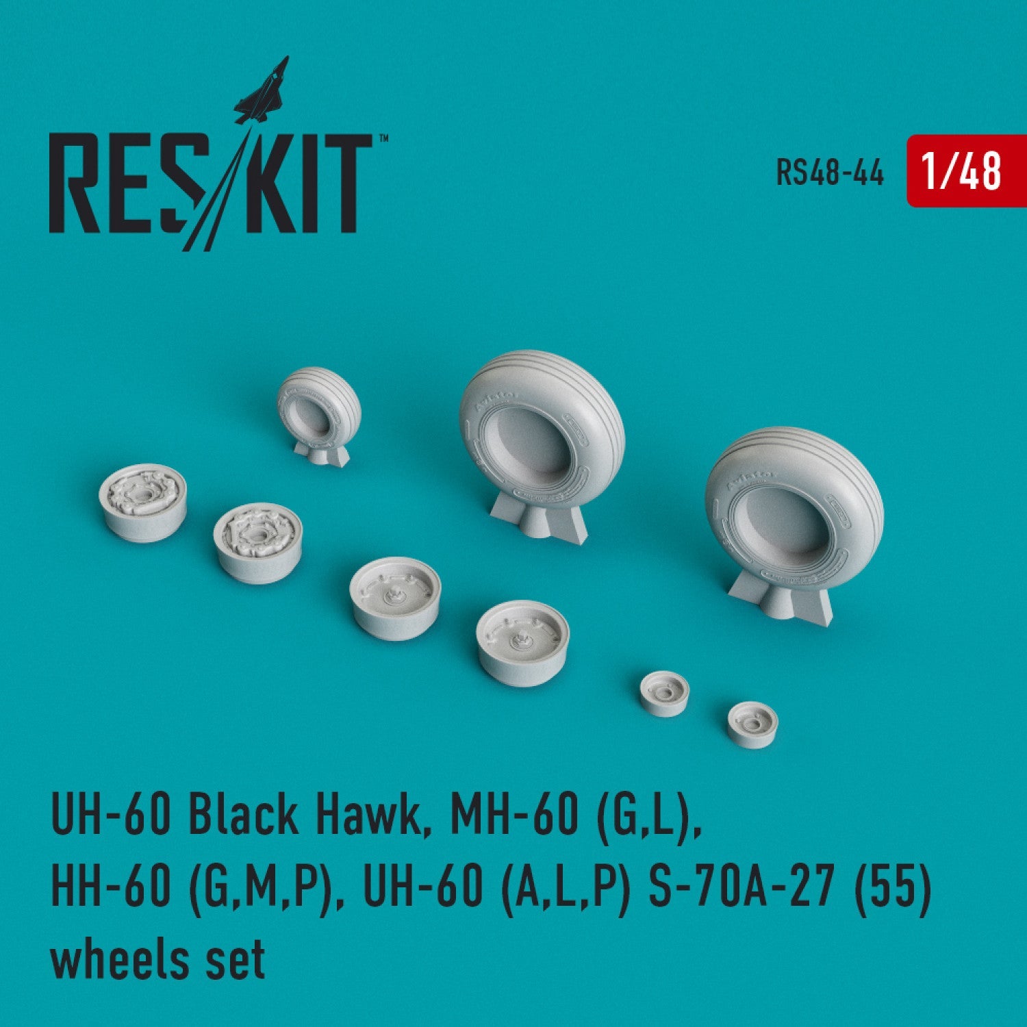 ResKit 1/48 UH-60 Black Hawk, MH-60 (G,L), HH-60 (G,M,P), UH-60 (A,L,P) S-70,A-27 (55) wheels set (weighted) Reskit