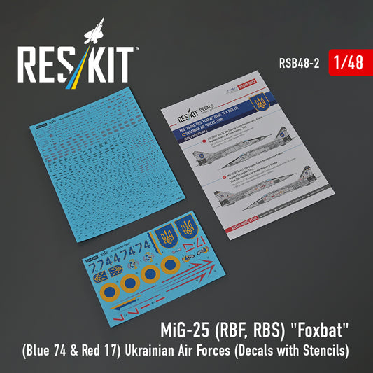 Res/Kit 1:48 MiG-25RBF, RBS "Foxbat" (Blue 74 & Red 17) Ukrainian Air Forces (Decals with Stencils)