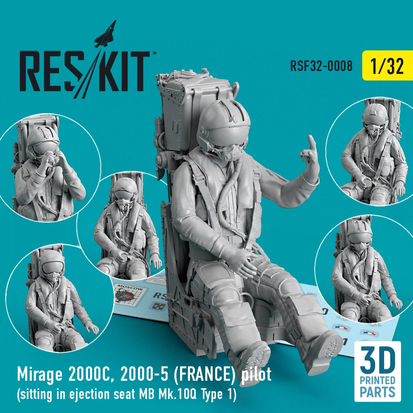 ResKit 1:32 Mirage 2000C, 2000-5 (FRANCE) pilot sitting in ejection seat MB Mk.10Q (Type 1) (3D Printed) Reskit