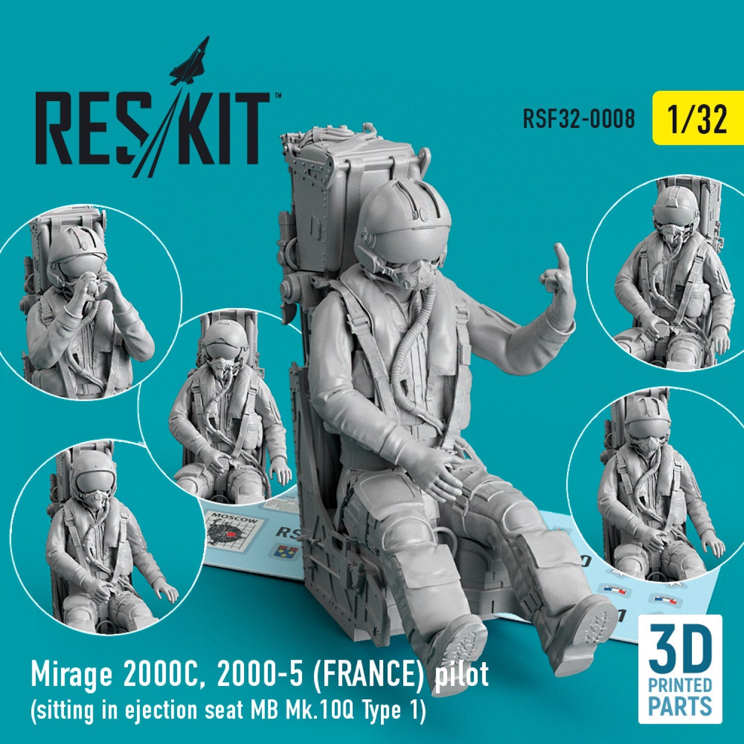 ResKit 1:32 Mirage 2000C, 2000-5 (FRANCE) pilot sitting in ejection seat MB Mk.10Q (Type 1) (3D Printed) Reskit