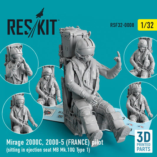 ResKit 1:32 Mirage 2000C, 2000-5 (FRANCE) pilot sitting in ejection seat MB Mk.10Q (Type 1) (3D Printed) Reskit