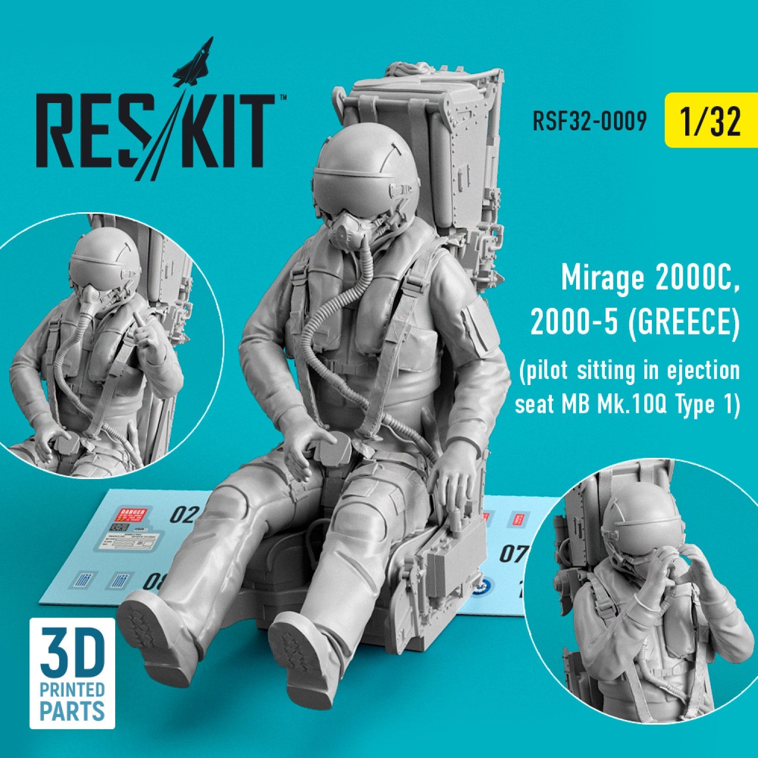 ResKit 1:32 Mirage 2000C, 2000-5 (GREECE) pilot sitting in ejection seat MB Mk.10Q (Type 1) (3D Printed) Reskit
