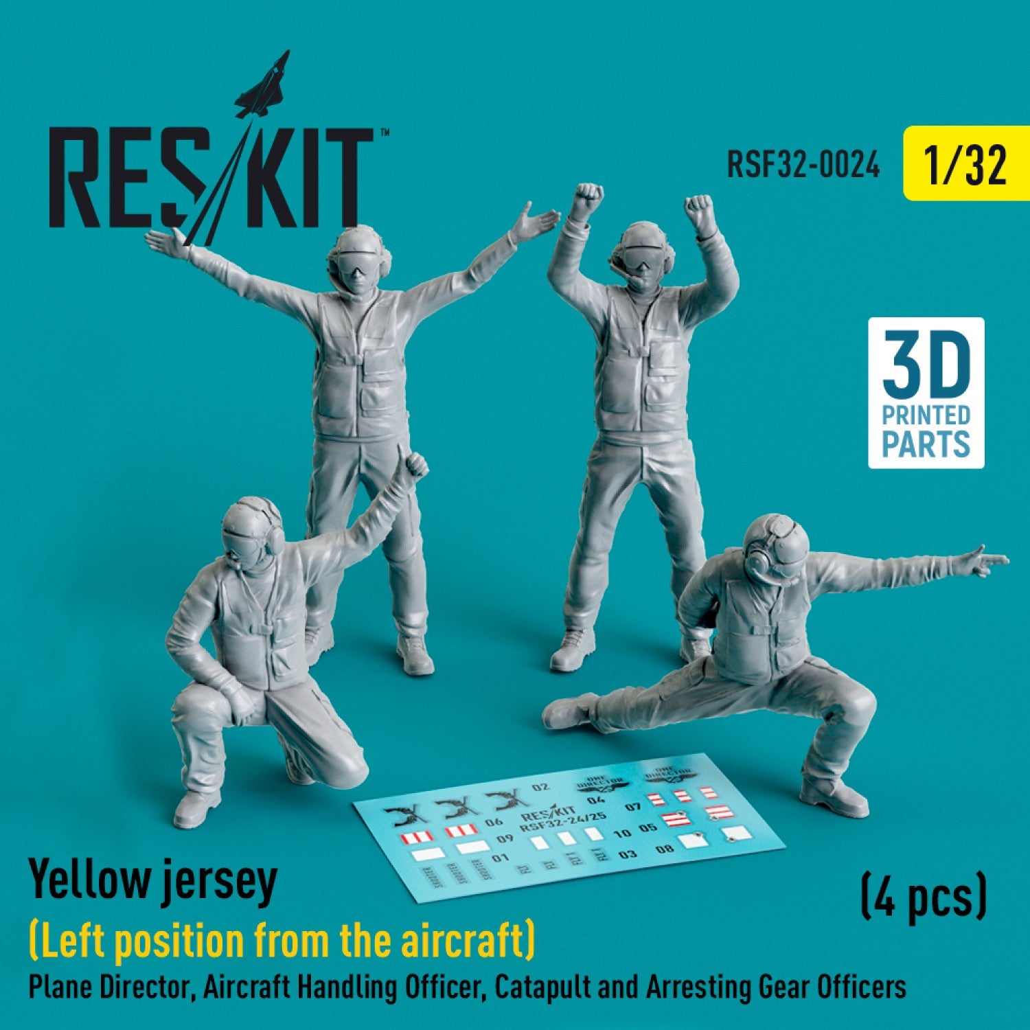ResKit 1:32 Yellow jersey (Modern) (Left position from the aircraft) Plane Director, Aircraft Handling Officer, Catapult and Arresting Gear Officers (4 pcs) (3D Printed) Reskit